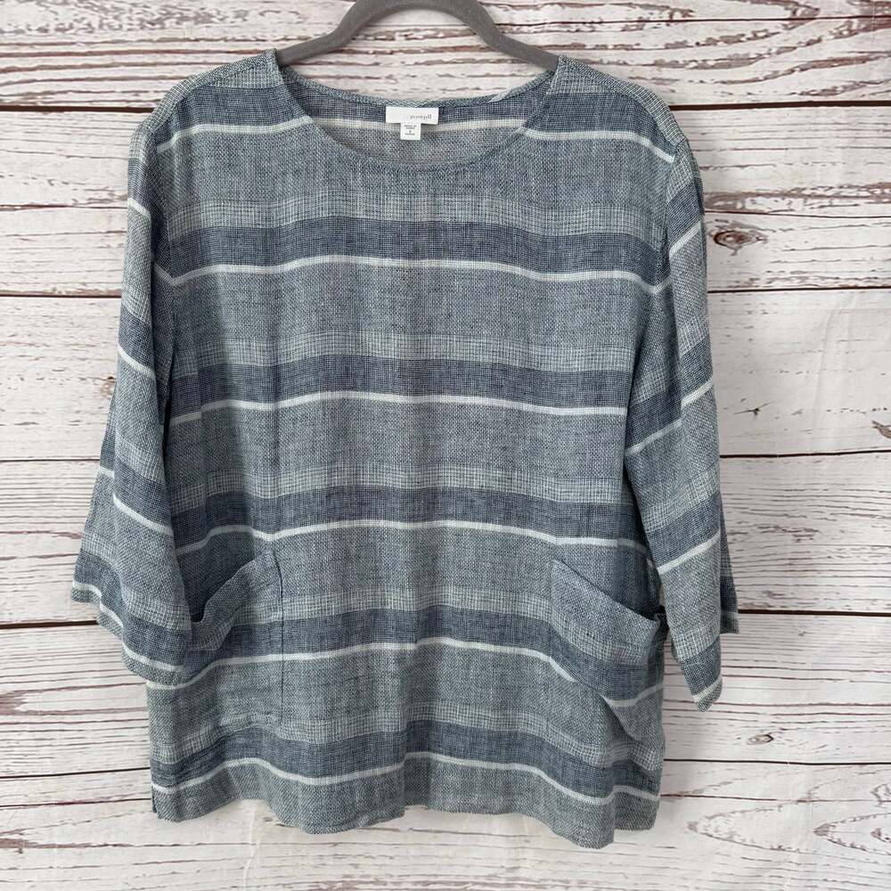 Pure Jill Women's Striped Linen Blend Pockets Oversized Top Size Small Petite